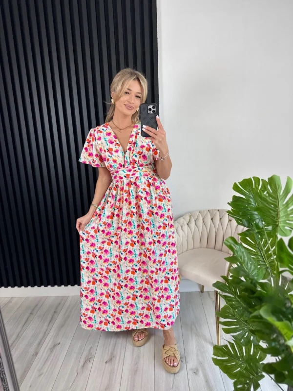 Sukienka maxi KARLA 90% wiskoza w czerwone kwiaty - obrazek 3