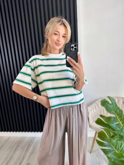 T-shirt GREEN 95% bawełna ecru w zielono-beżowe paski