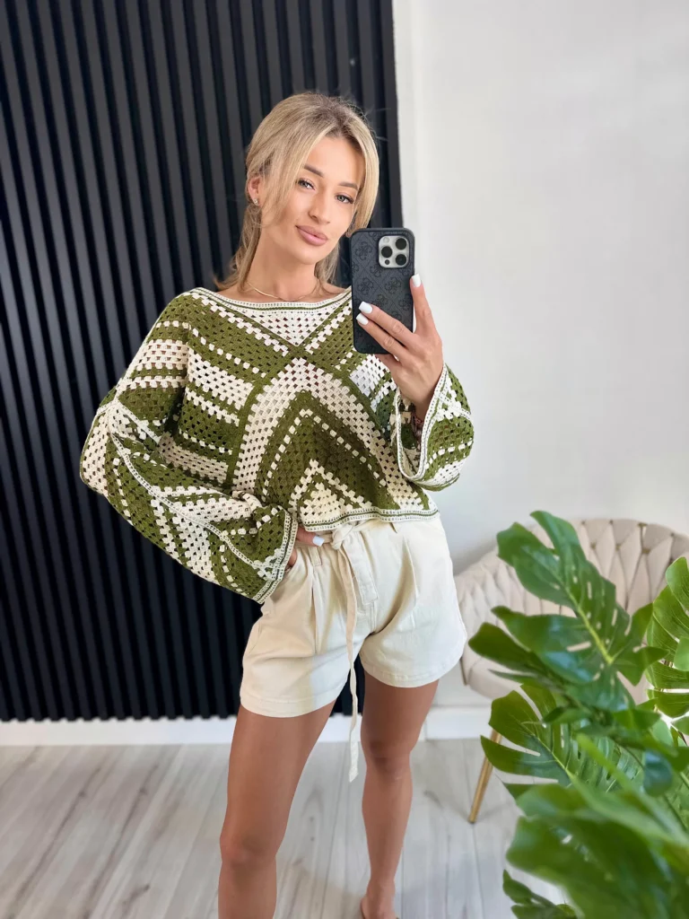 Sweter WIND 100% bawełna zielono-beżowy 