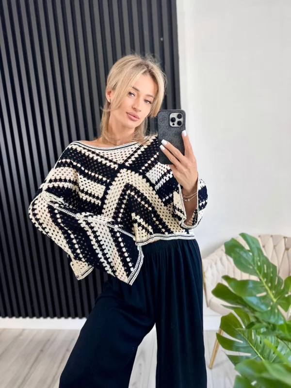 Sweter WIND 100% bawełna czarno-beżowy - obrazek 3