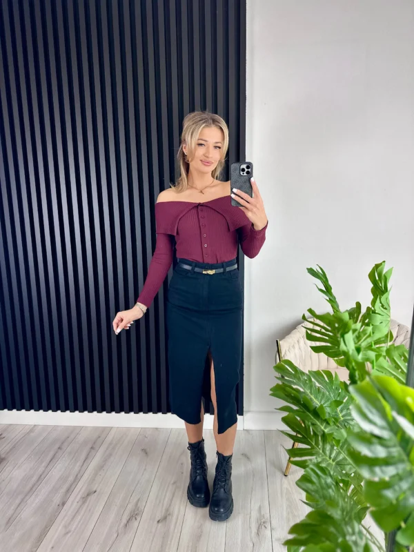 Sweter w prążek SAMMY 94% bawełna burgundowy - obrazek 3